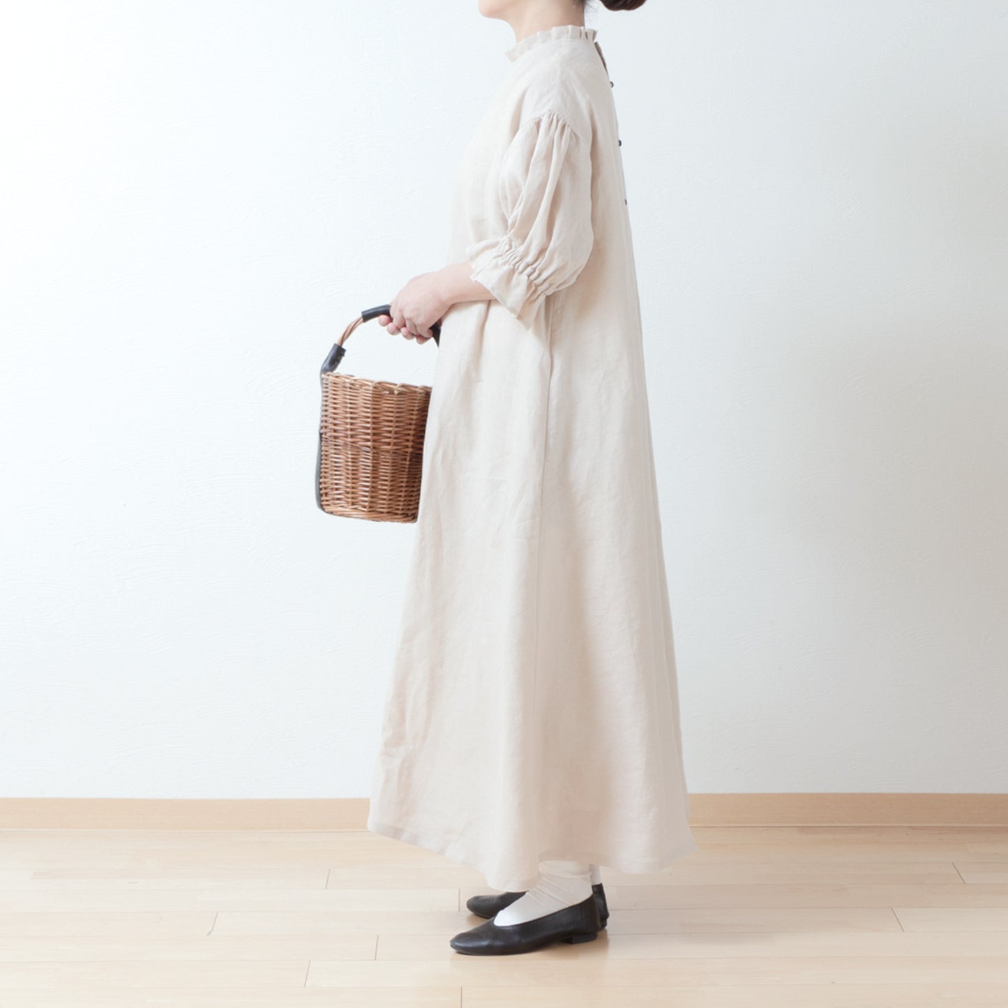 Elegant tuck frill collar *Perfect for ceremonies* Back covered button gathered sleeve A-line linen dress 5/8 sleeves/beige