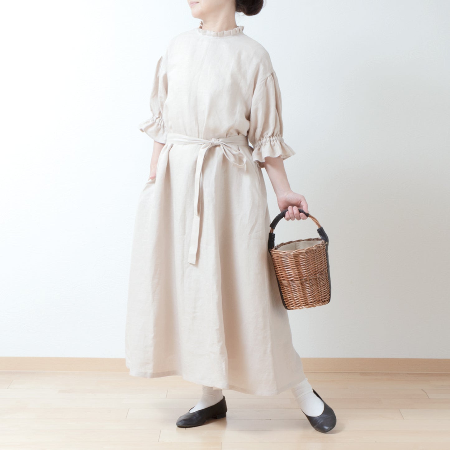 Elegant tuck frill collar *Perfect for ceremonies* Back covered button gathered sleeve A-line linen dress 5/8 sleeves/beige