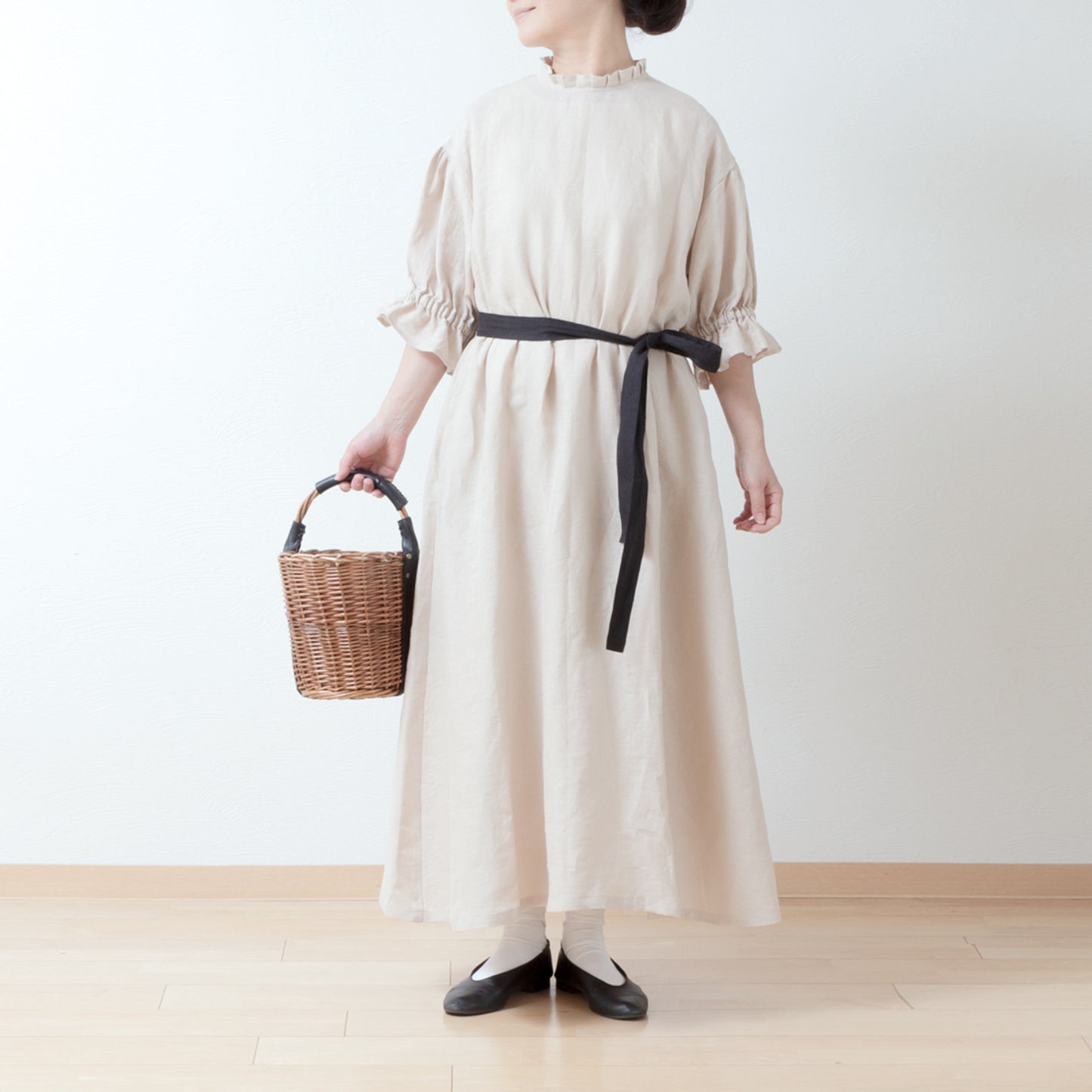 Elegant tuck frill collar *Perfect for ceremonies* Back covered button gathered sleeve A-line linen dress 5/8 sleeves/beige