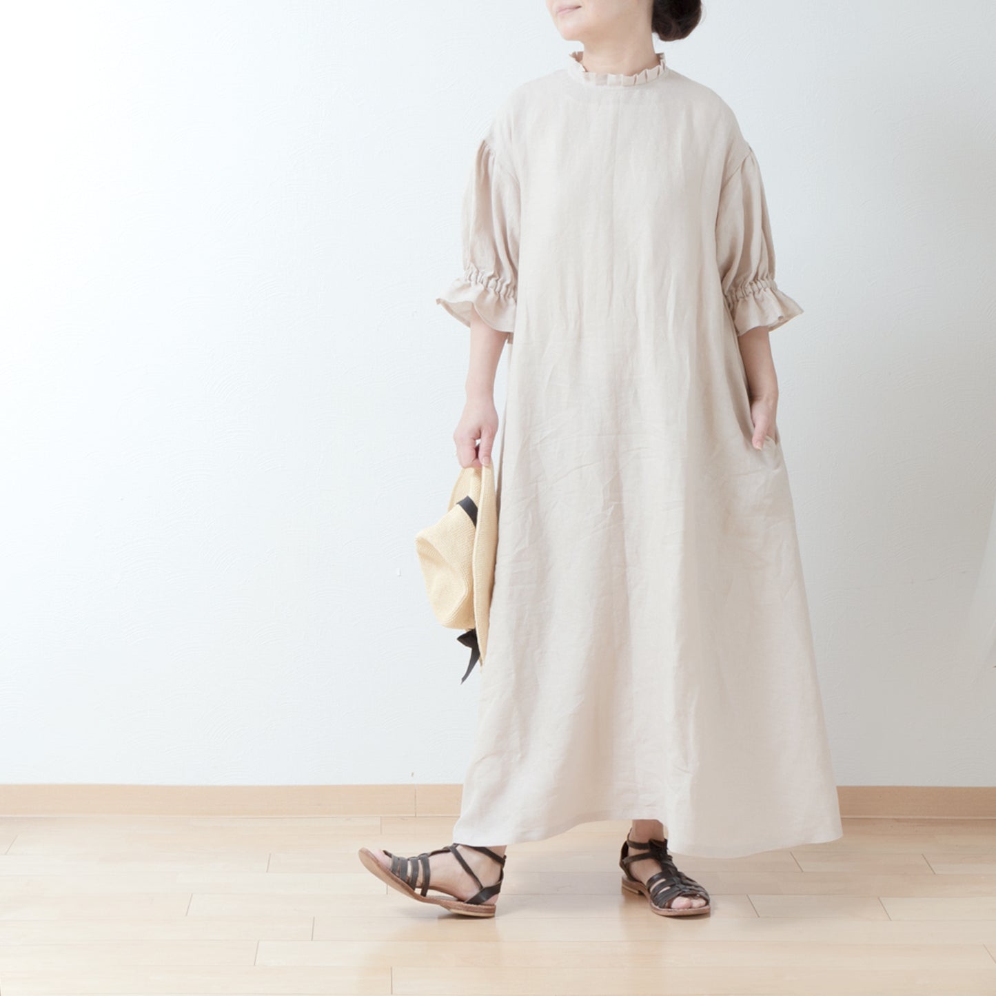 Elegant tuck frill collar *Perfect for ceremonies* Back covered button gathered sleeve A-line linen dress 5/8 sleeves/beige