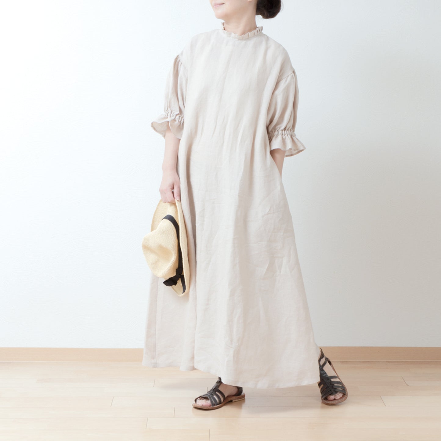 Elegant tuck frill collar *Perfect for ceremonies* Back covered button gathered sleeve A-line linen dress 5/8 sleeves/beige