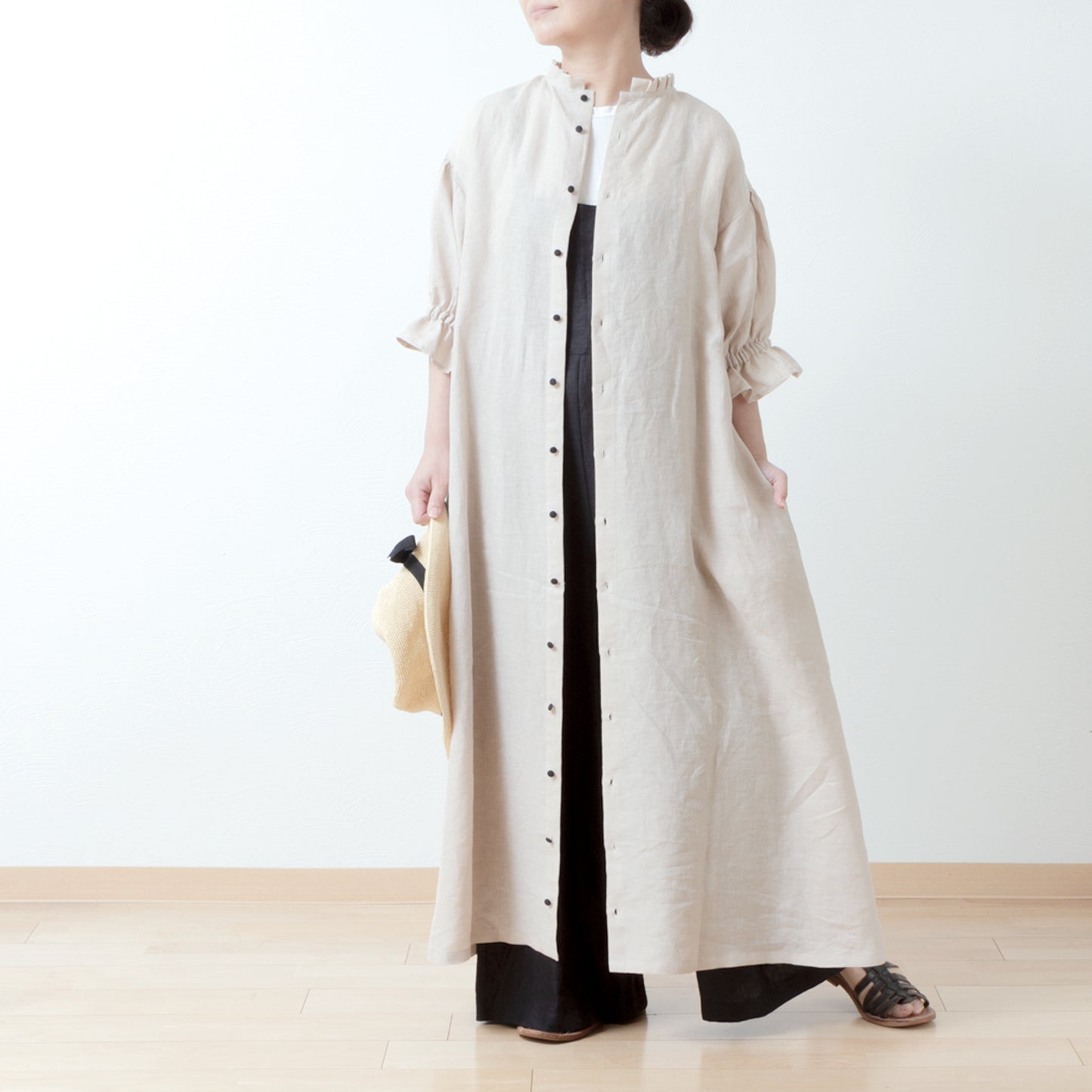 Elegant tuck frill collar *Perfect for ceremonies* Back covered button gathered sleeve A-line linen dress 5/8 sleeves/beige