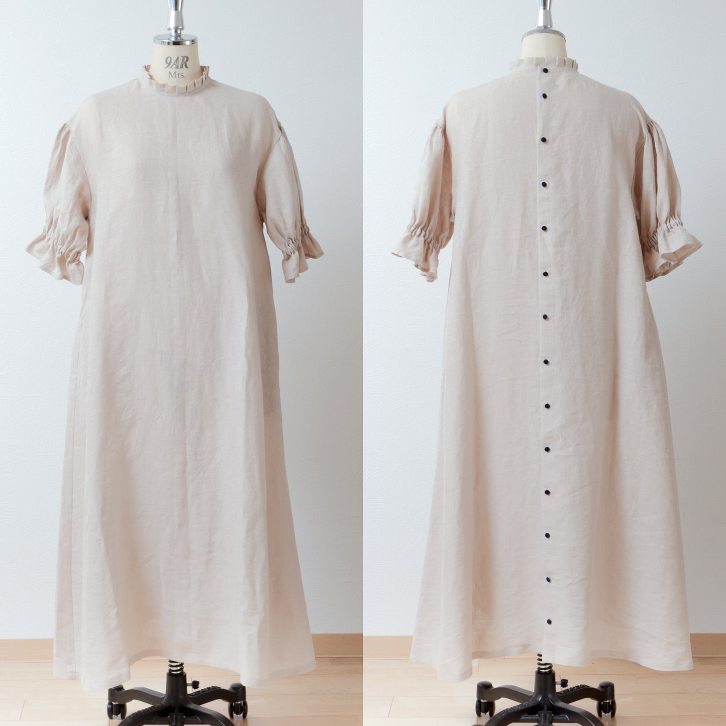 Elegant tuck frill collar *Perfect for ceremonies* Back covered button gathered sleeve A-line linen dress 5/8 sleeves/beige