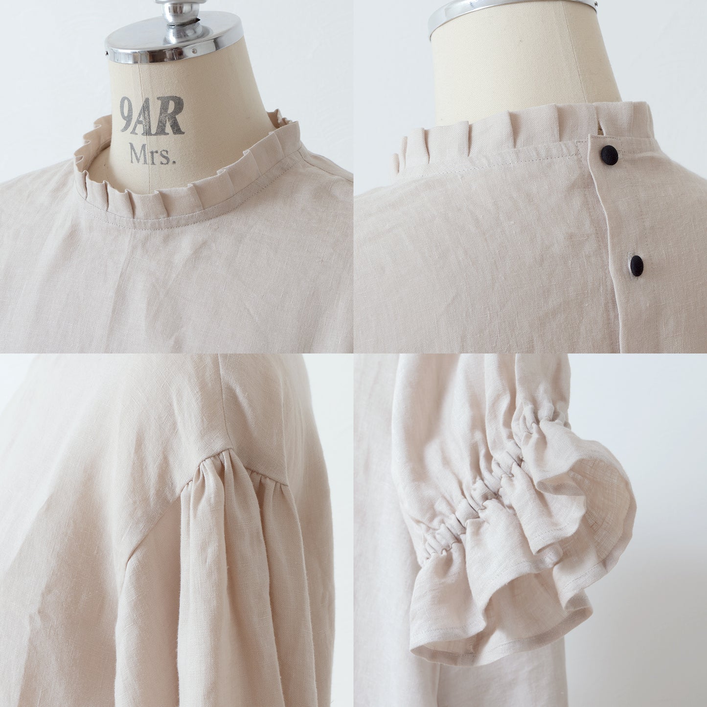Elegant tuck frill collar *Perfect for ceremonies* Back covered button gathered sleeve A-line linen dress 5/8 sleeves/beige