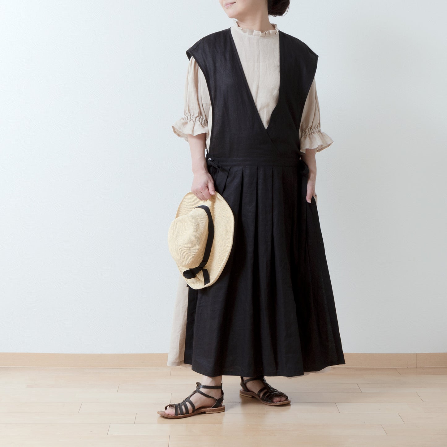 Elegant tuck frill collar *Perfect for ceremonies* Back covered button gathered sleeve A-line linen dress 5/8 sleeves/beige