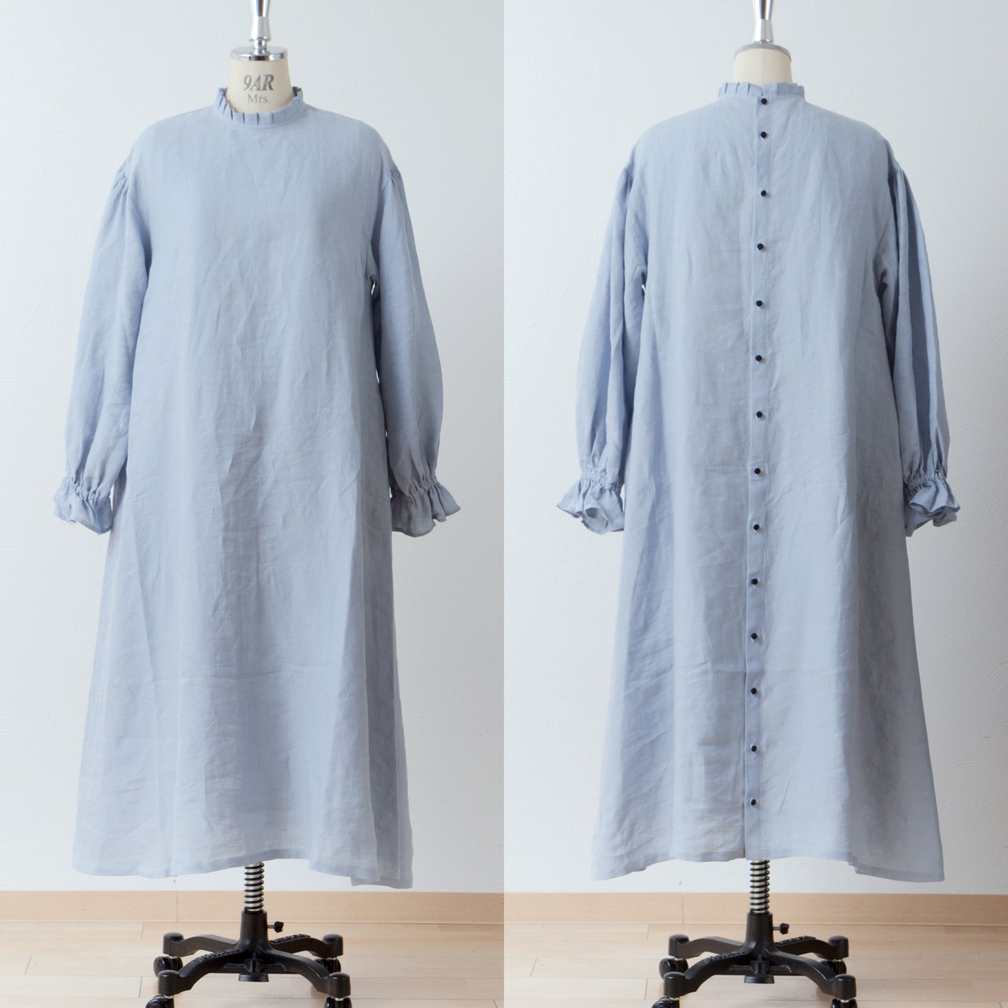 優雅的褶邊領 *非常適合儀式* 背扣褶袖 A 字形亞麻連身裙/淡藍色