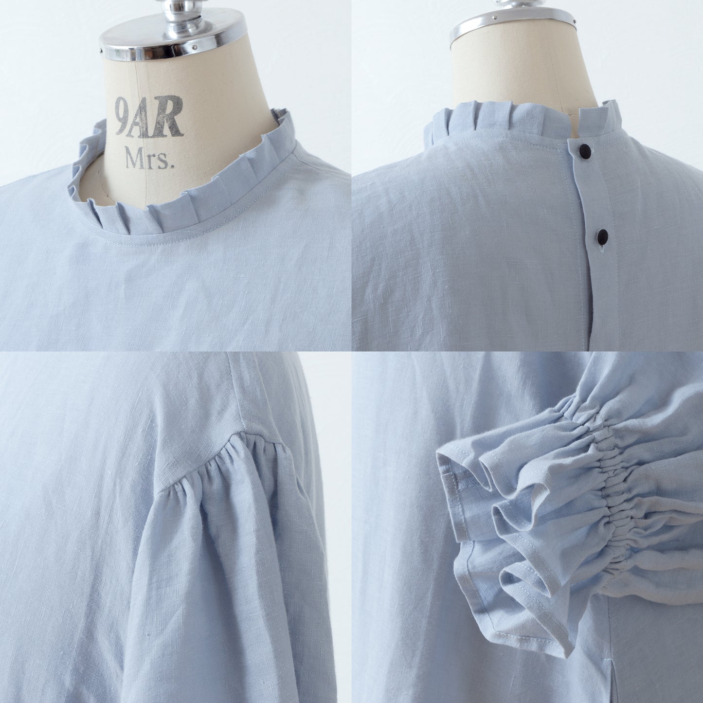 優雅的褶邊領 *非常適合儀式* 背扣褶袖 A 字形亞麻連身裙/淡藍色