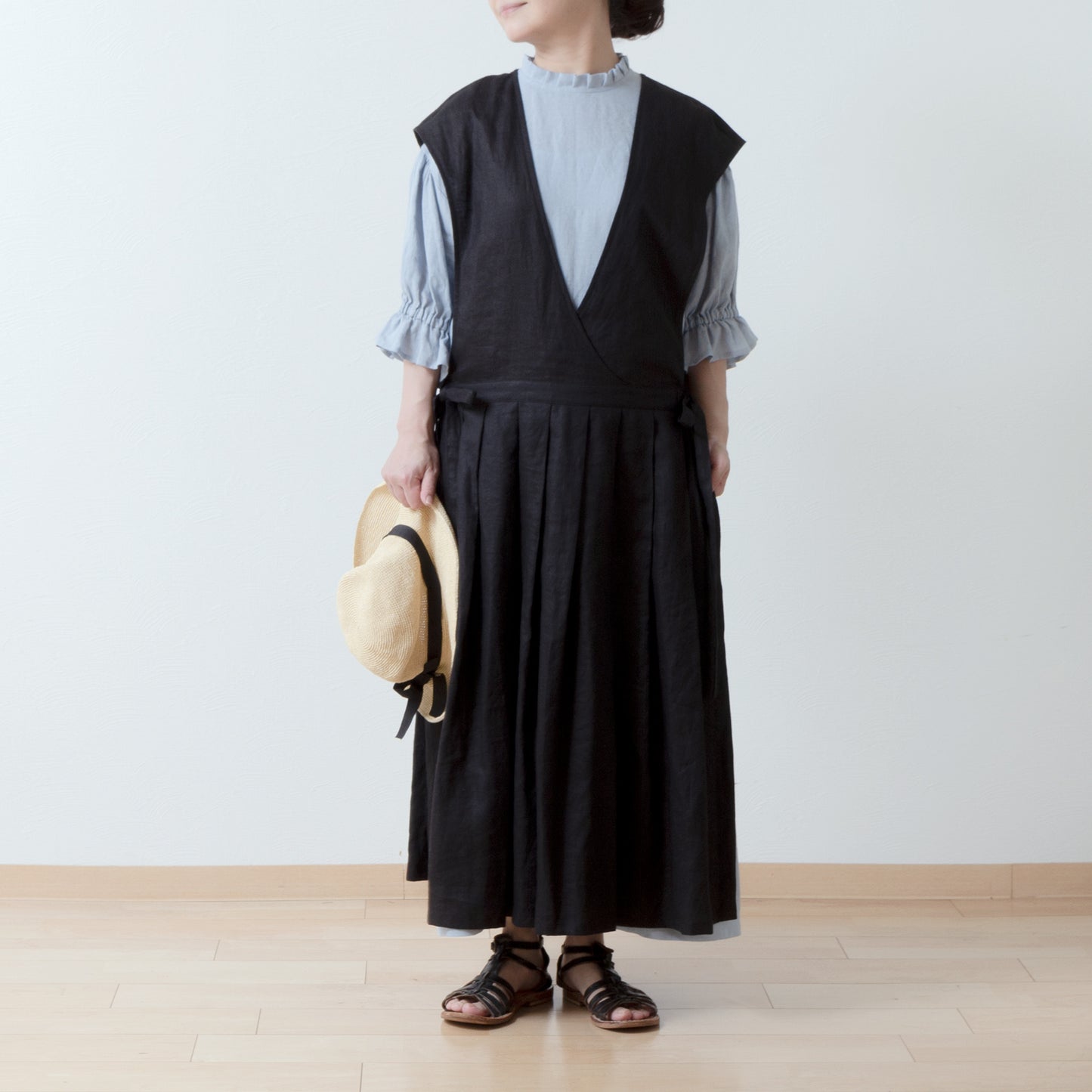 Elegant tuck frill collar *Perfect for ceremonies* Back covered button gathered sleeve A-line linen dress 5/8 sleeve/pale blue