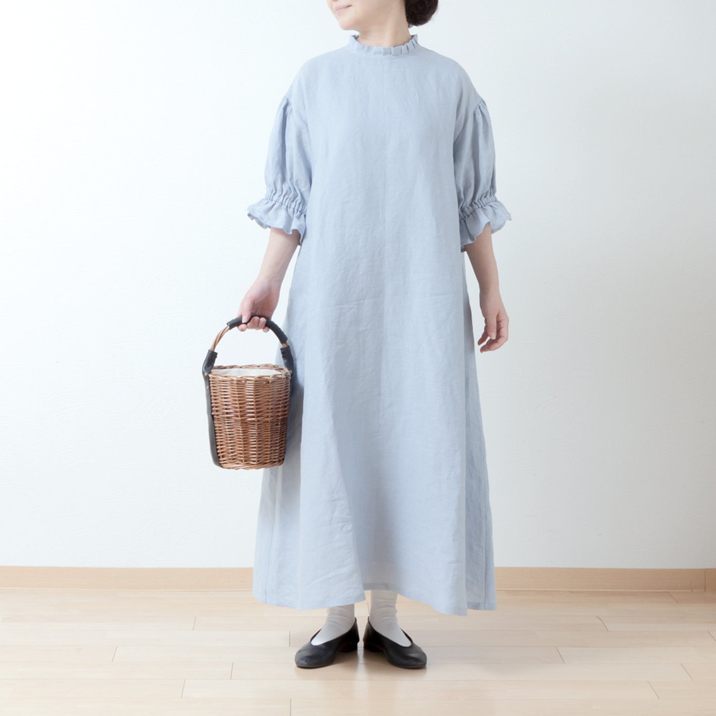 Elegant tuck frill collar *Perfect for ceremonies* Back covered button gathered sleeve A-line linen dress 5/8 sleeve/pale blue