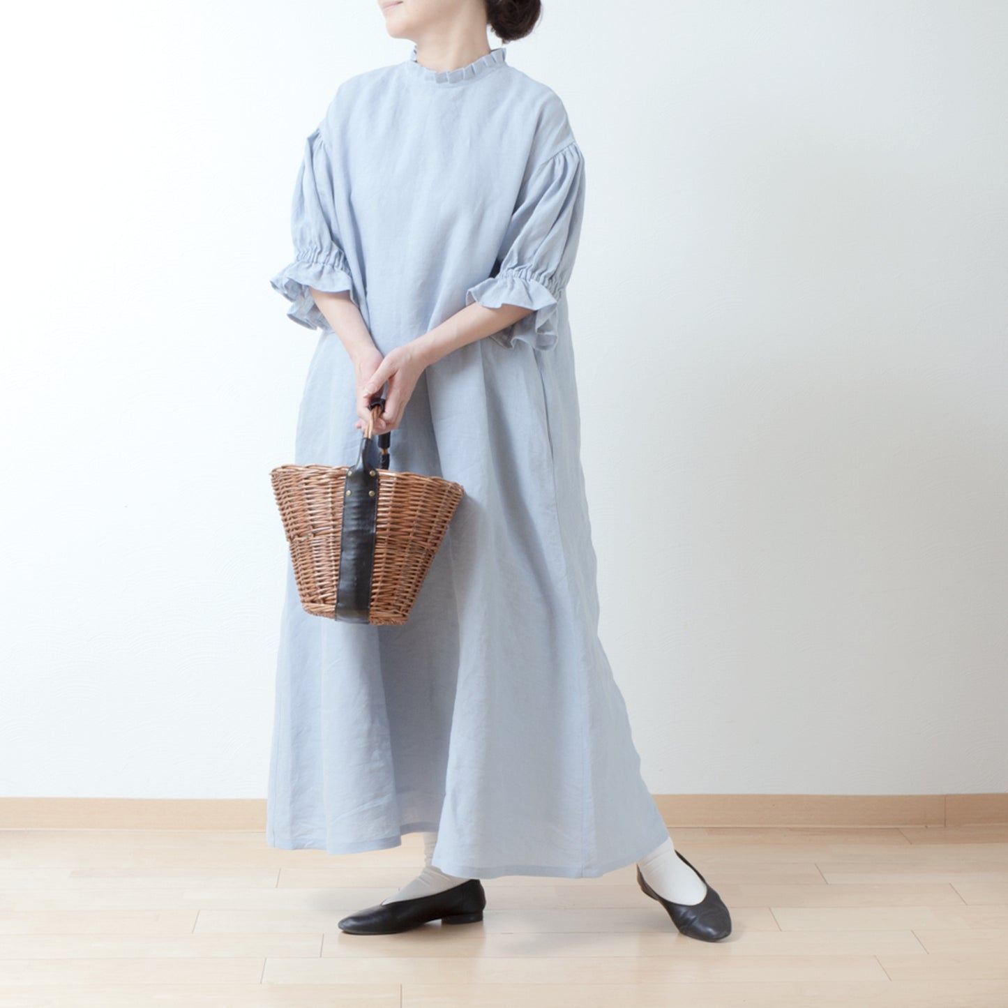 Elegant tuck frill collar *Perfect for ceremonies* Back covered button gathered sleeve A-line linen dress 5/8 sleeve/pale blue