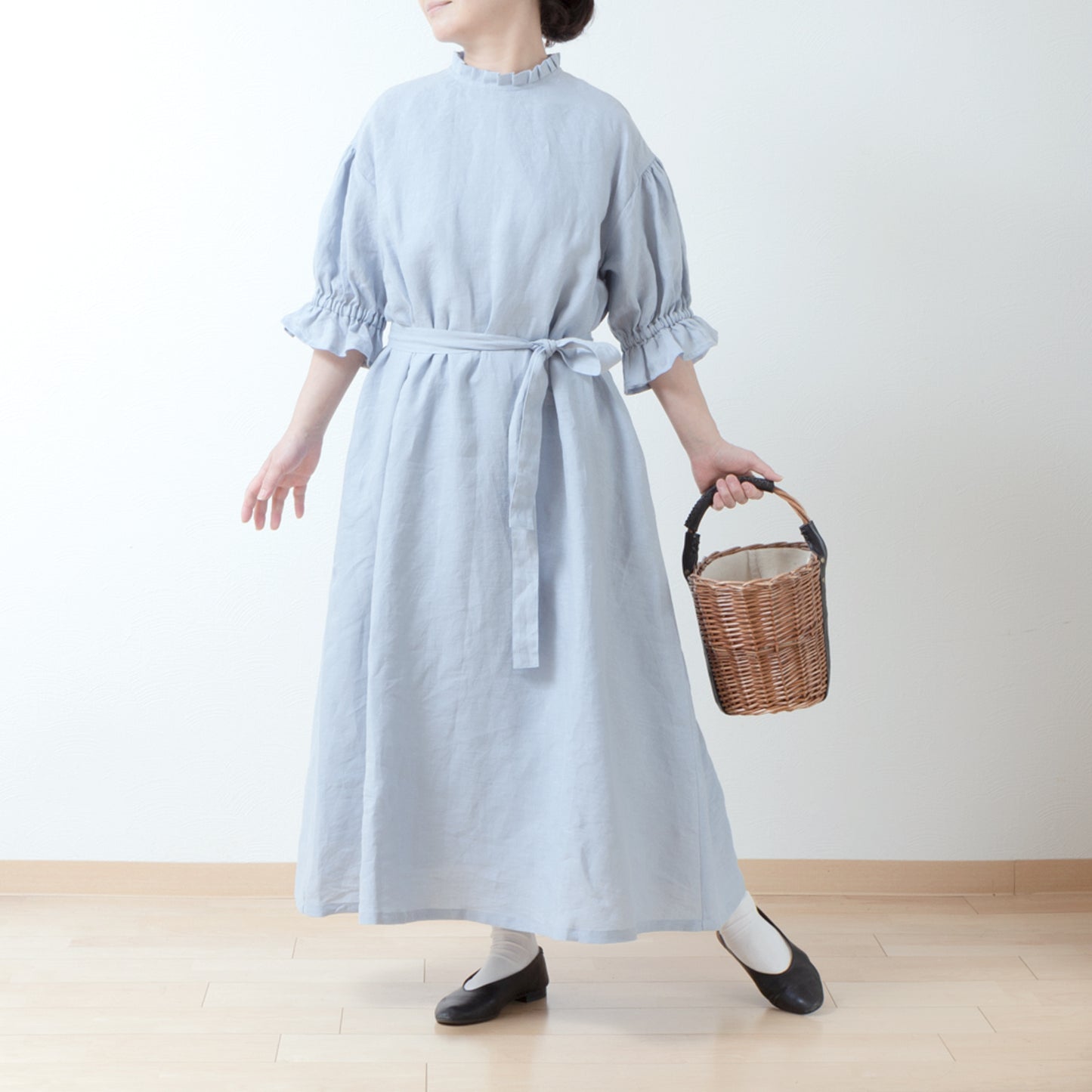 Elegant tuck frill collar *Perfect for ceremonies* Back covered button gathered sleeve A-line linen dress 5/8 sleeve/pale blue