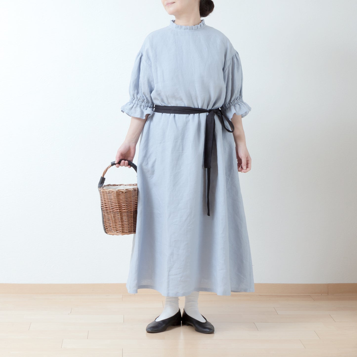 Elegant tuck frill collar *Perfect for ceremonies* Back covered button gathered sleeve A-line linen dress 5/8 sleeve/pale blue