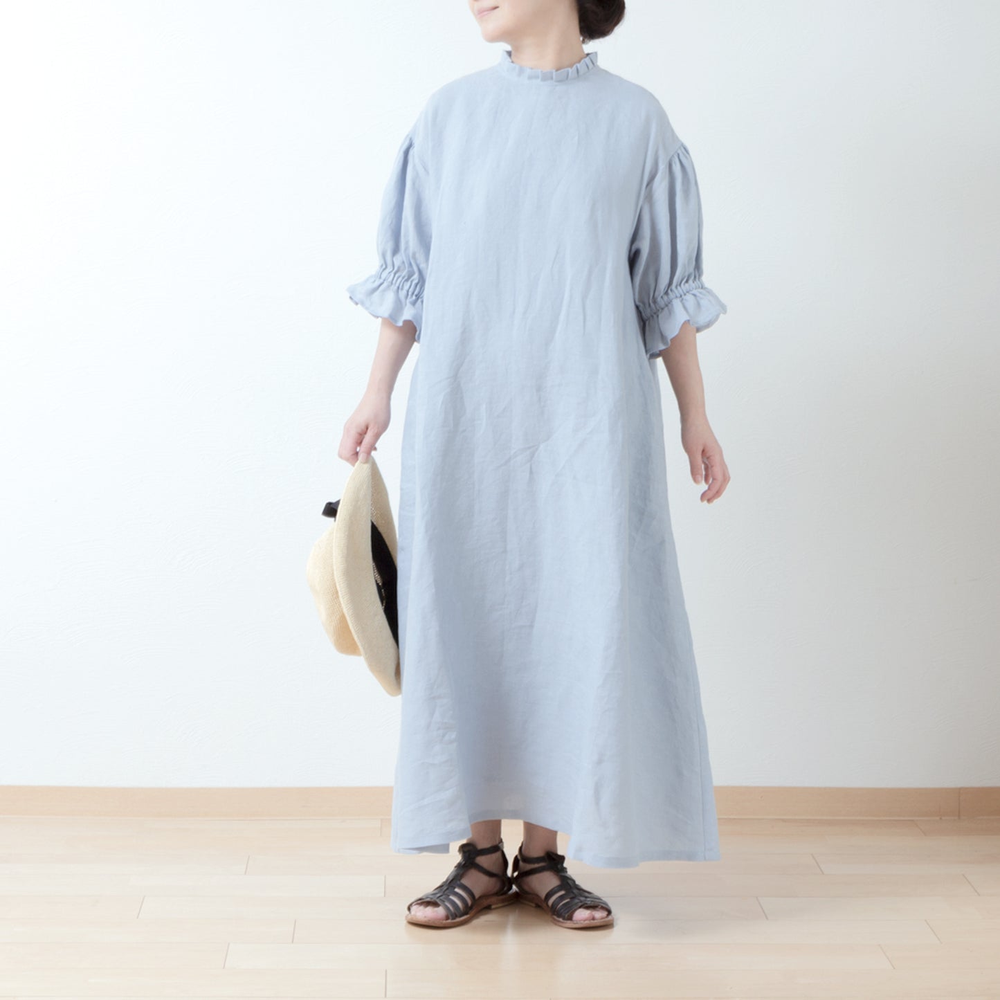Elegant tuck frill collar *Perfect for ceremonies* Back covered button gathered sleeve A-line linen dress 5/8 sleeve/pale blue