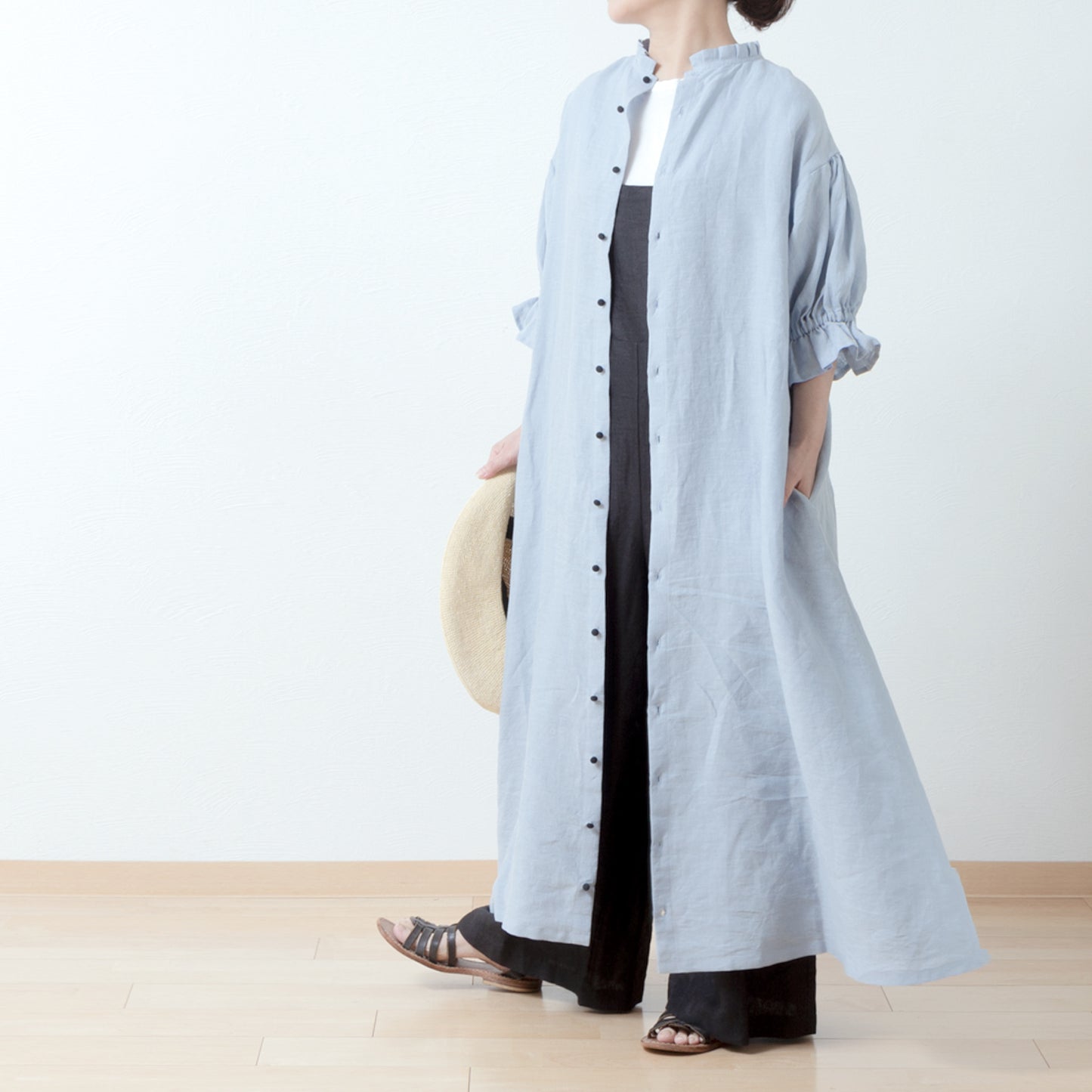 Elegant tuck frill collar *Perfect for ceremonies* Back covered button gathered sleeve A-line linen dress 5/8 sleeve/pale blue