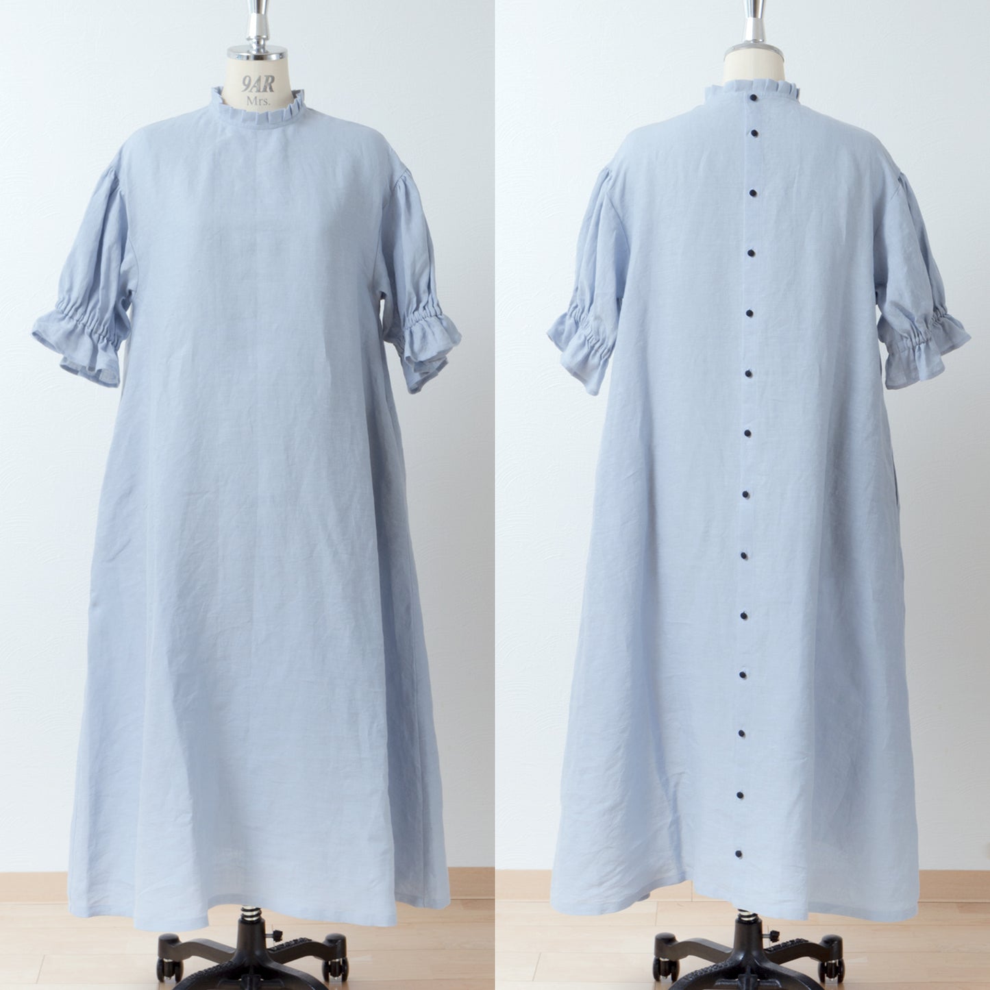 Elegant tuck frill collar *Perfect for ceremonies* Back covered button gathered sleeve A-line linen dress 5/8 sleeve/pale blue