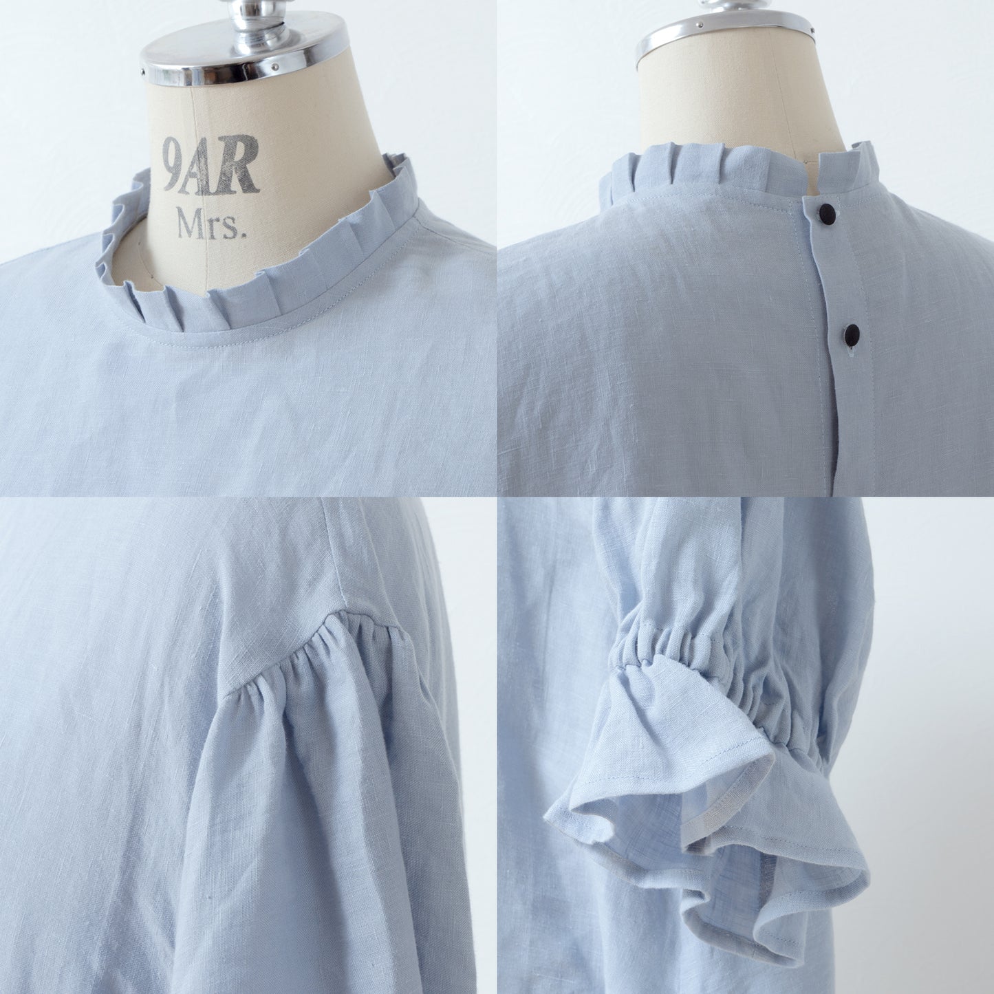 Elegant tuck frill collar *Perfect for ceremonies* Back covered button gathered sleeve A-line linen dress 5/8 sleeve/pale blue