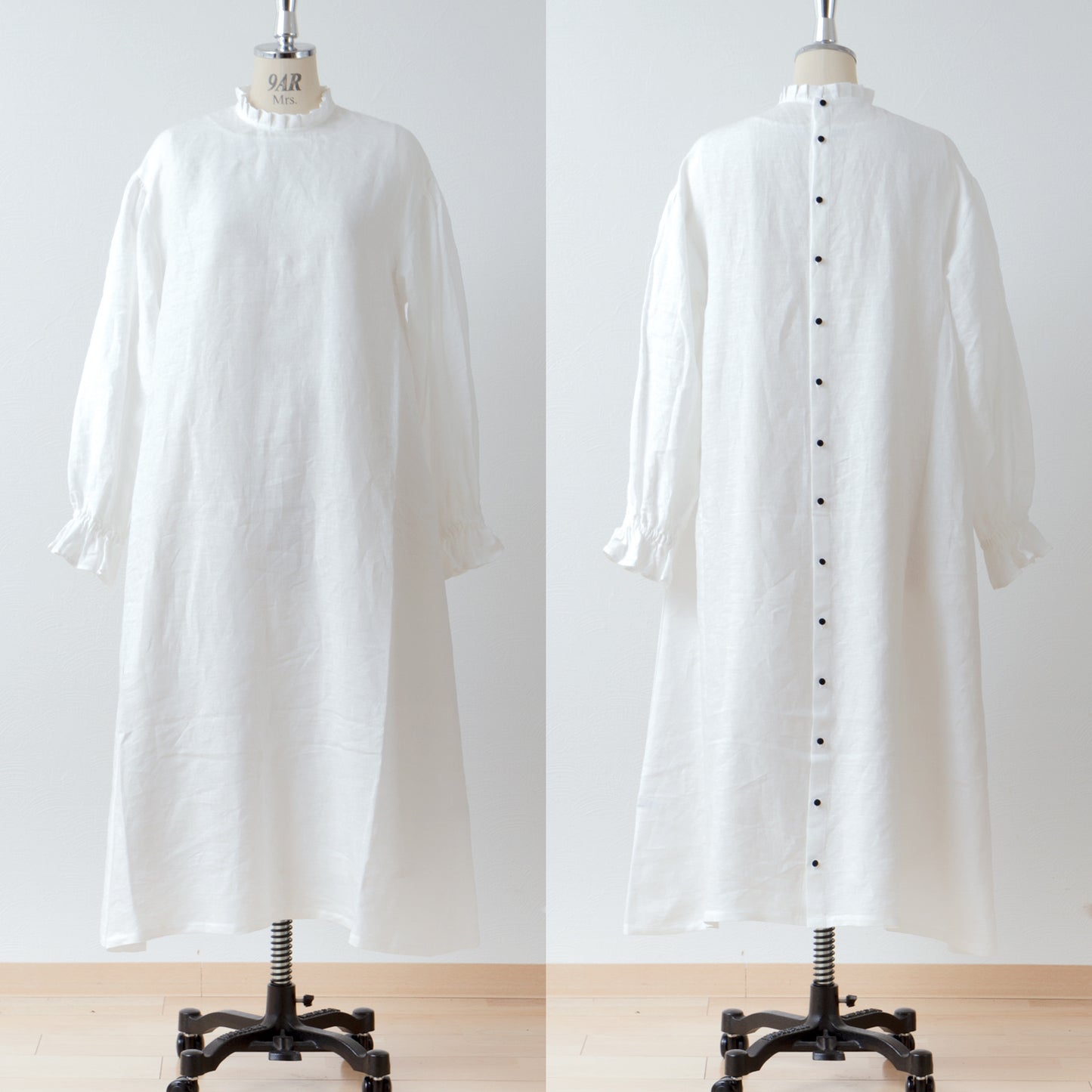 タックフリル衿が上品*セレモニーにも*バックくるみ釦ギャザースリーブAラインリネンワンピース/オフホワイト