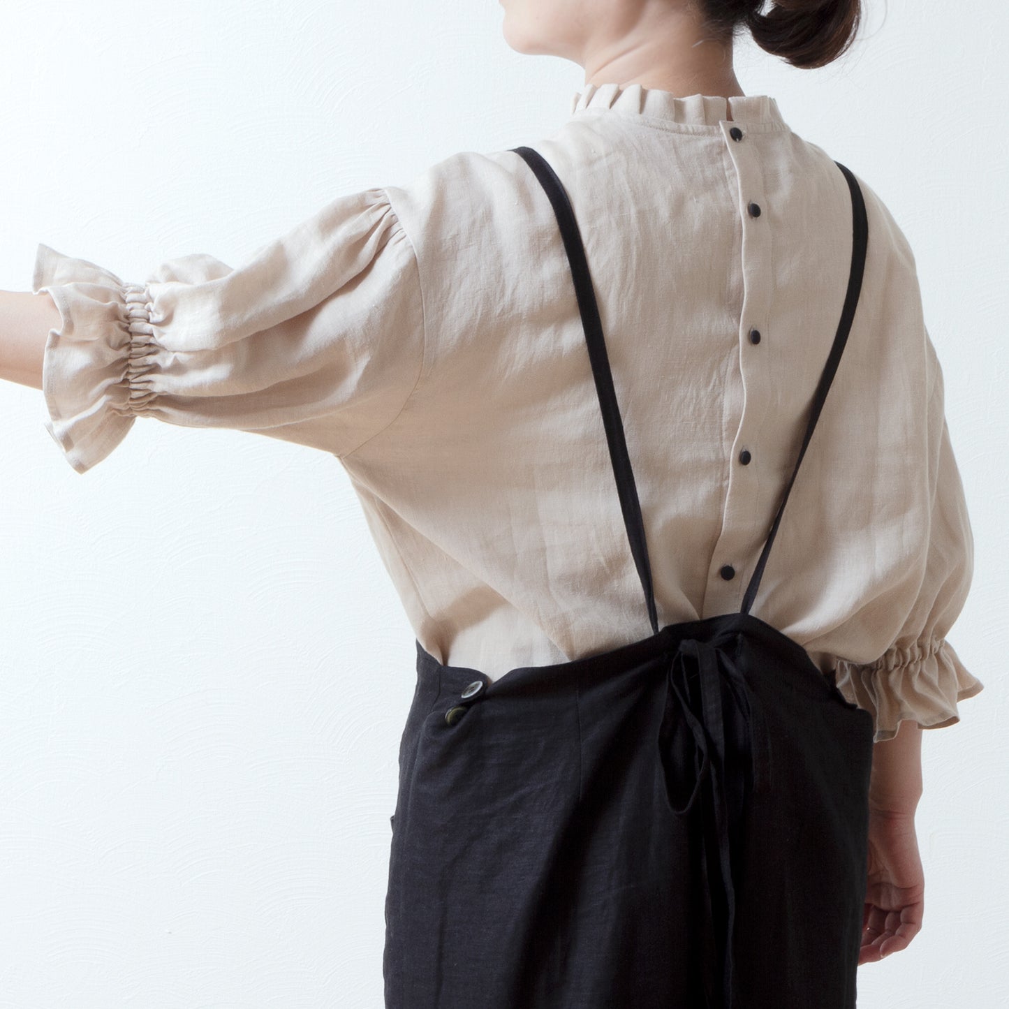 Elegant tuck frill collar *Perfect for ceremonies* Back covered button gathered sleeve linen blouse 5/8 sleeve/beige