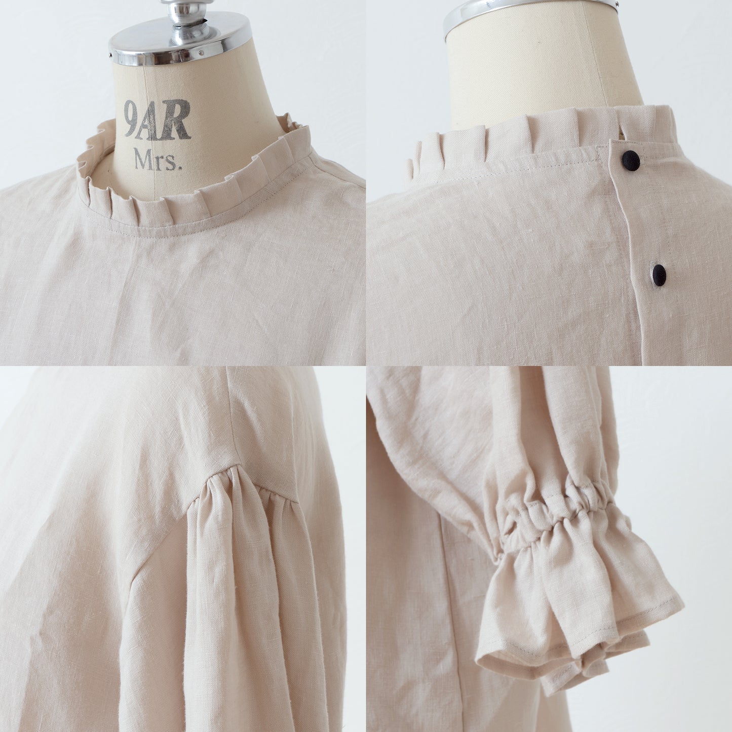 Elegant tuck frill collar *Perfect for ceremonies* Back covered button gathered sleeve linen blouse 5/8 sleeve/beige