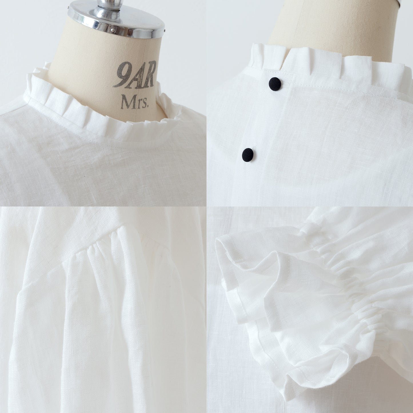 Elegant tuck frill collar *Perfect for ceremonies* Back covered button gathered sleeve linen blouse 5/8 sleeve/off white