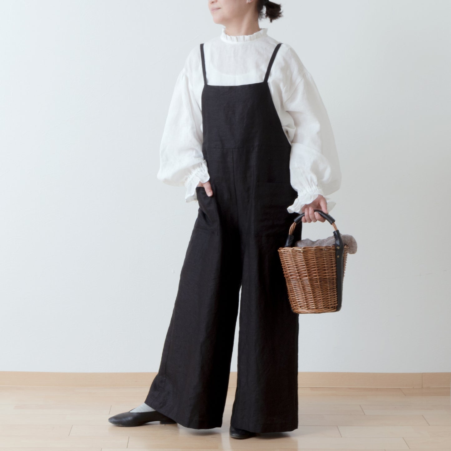 成人寬鬆可愛工裝褲 - 亞麻色/黑色