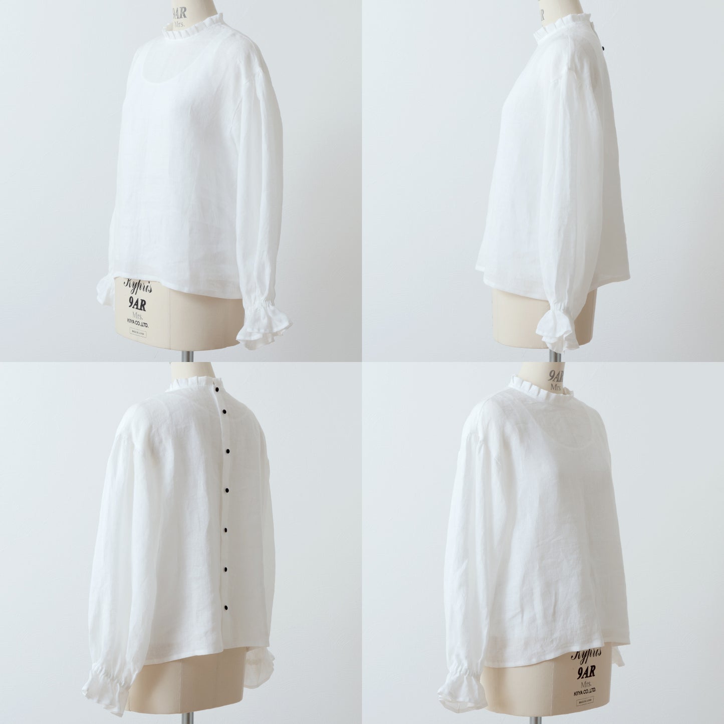 優雅的褶邊領 * 非常適合春季儀式 * 後蓋紐扣褶皺袖亞麻襯衫/米白色