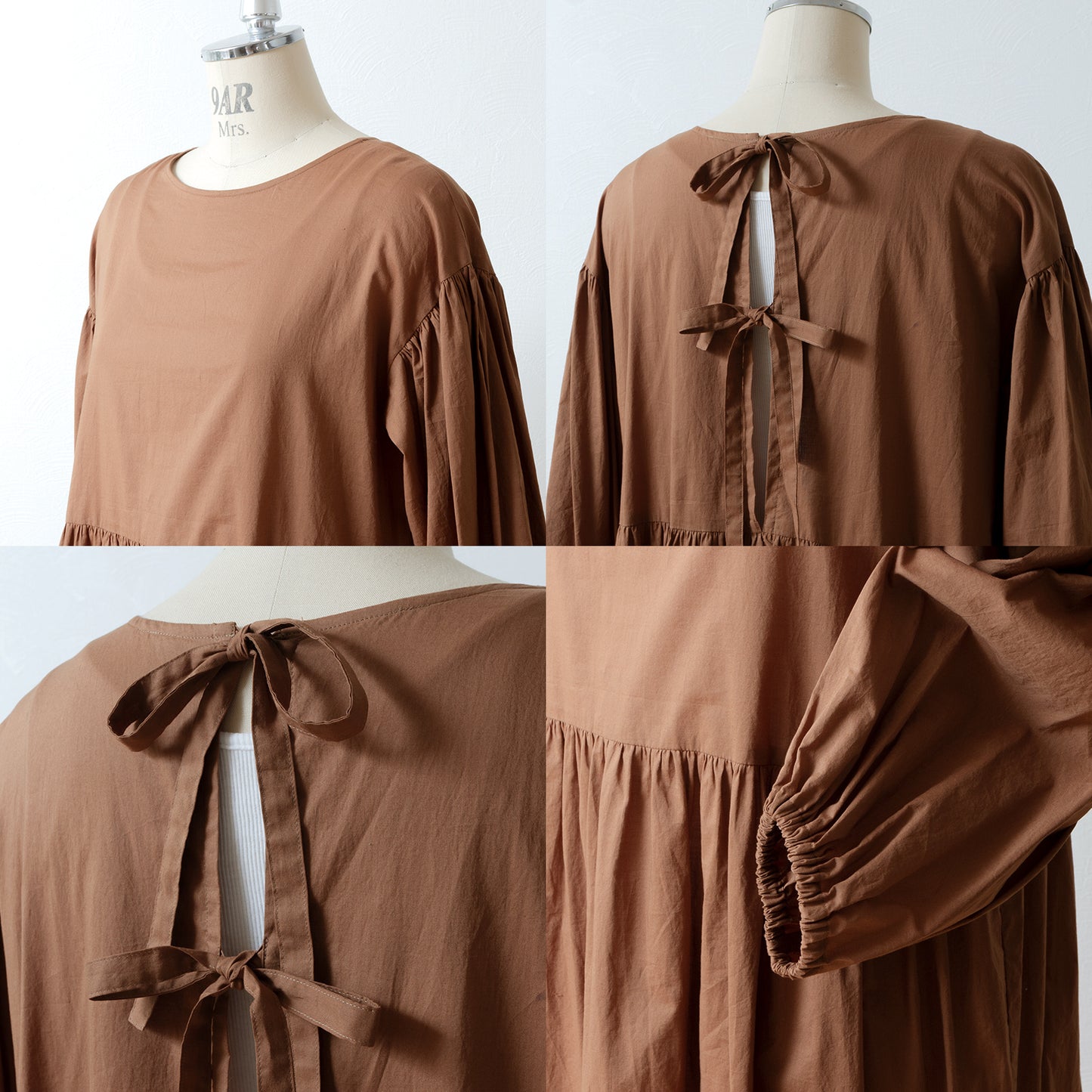 A cute and mature tiered 2-way dress with plenty of gathers / camel