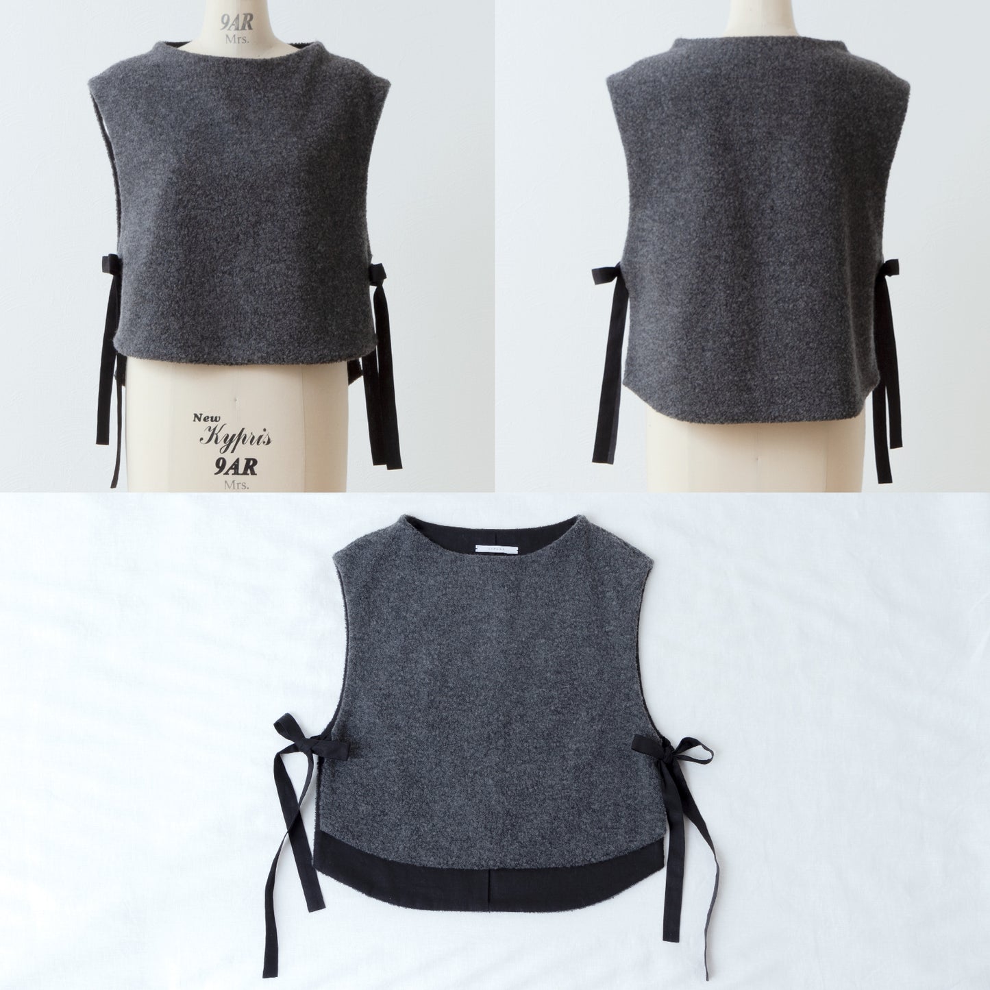 High-quality wool boa side open vest/top gray