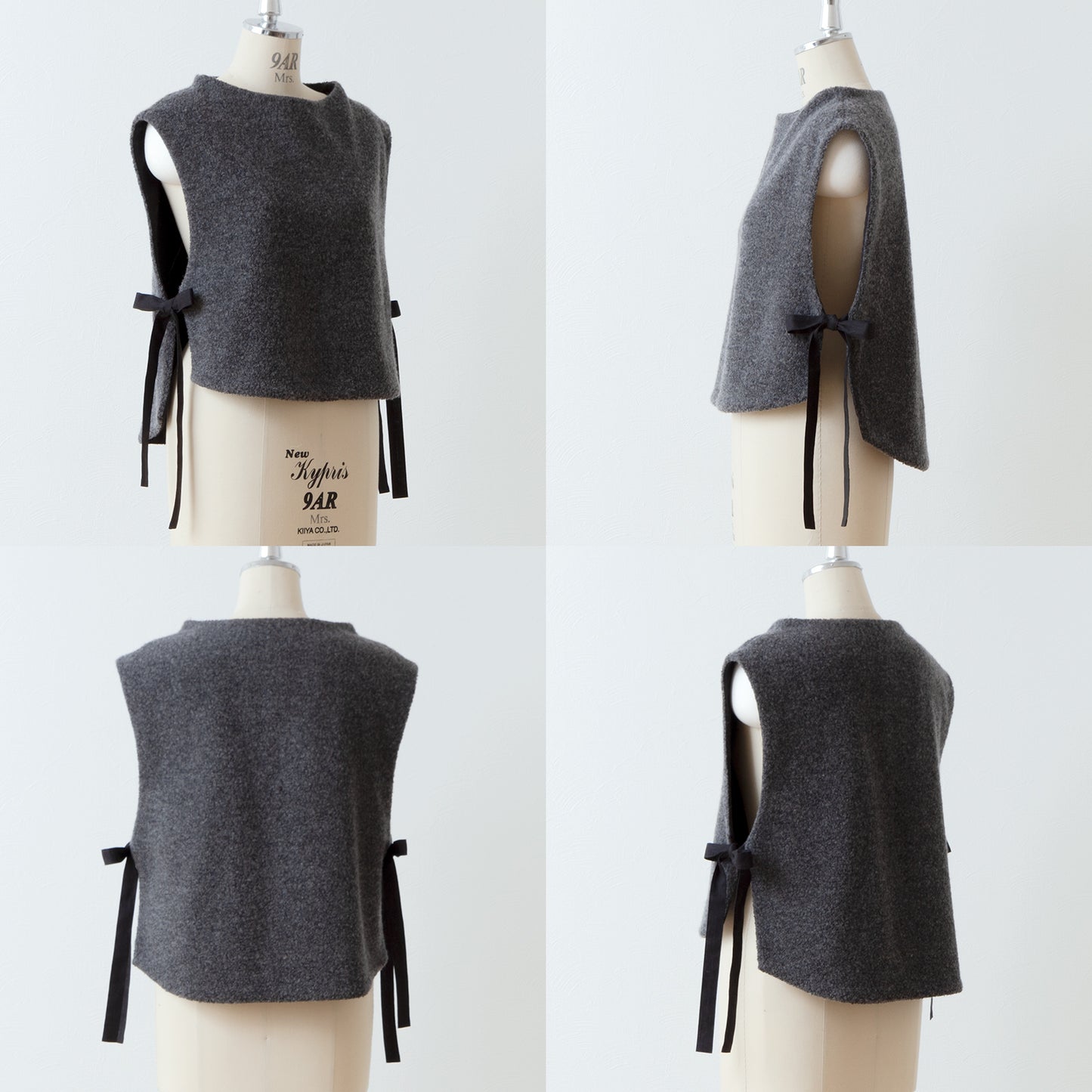 High-quality wool boa side open vest/top gray