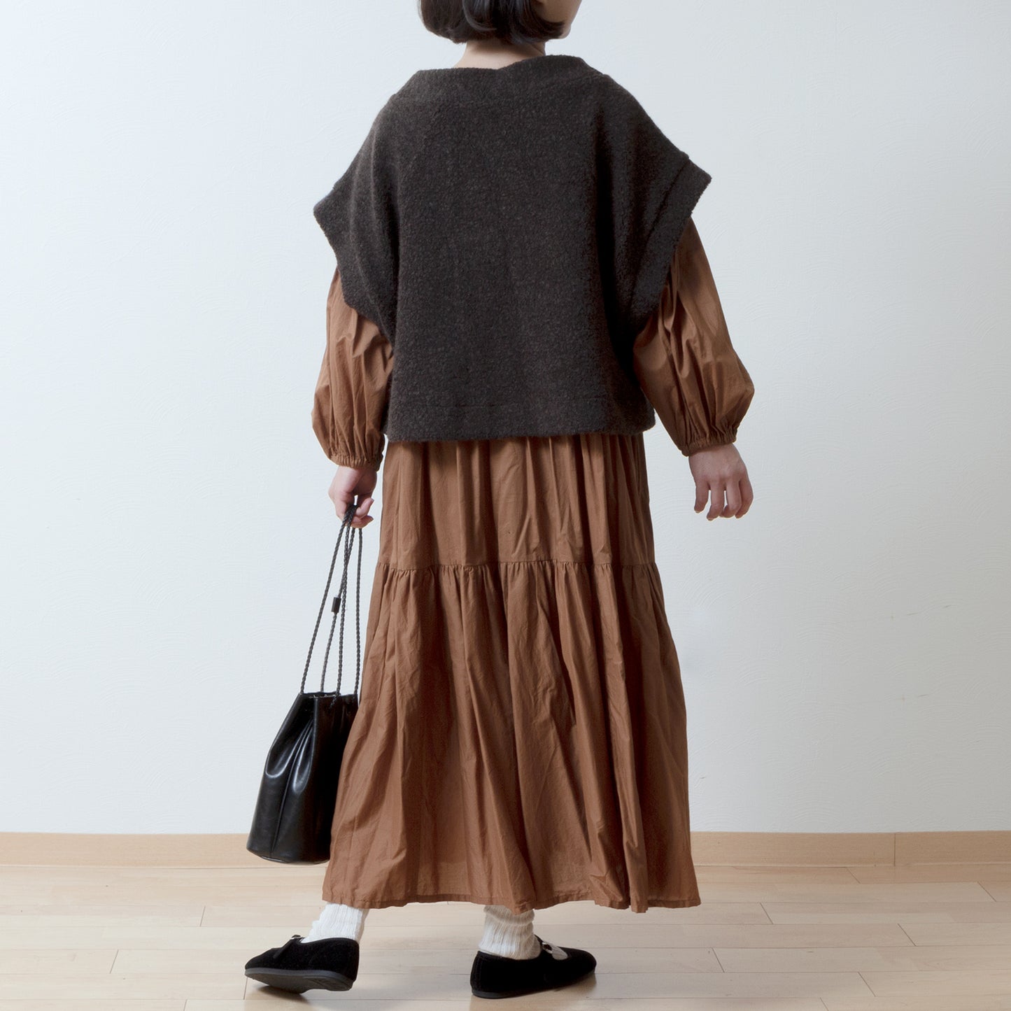 High-quality wool boa French sleeve A-line vest/dark brown