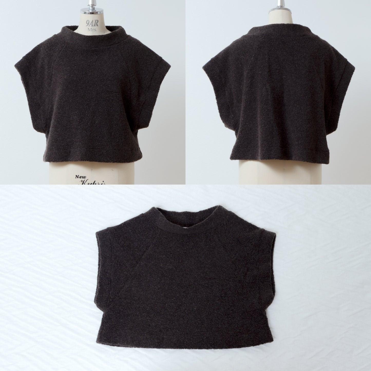 High-quality wool boa French sleeve A-line vest/dark brown