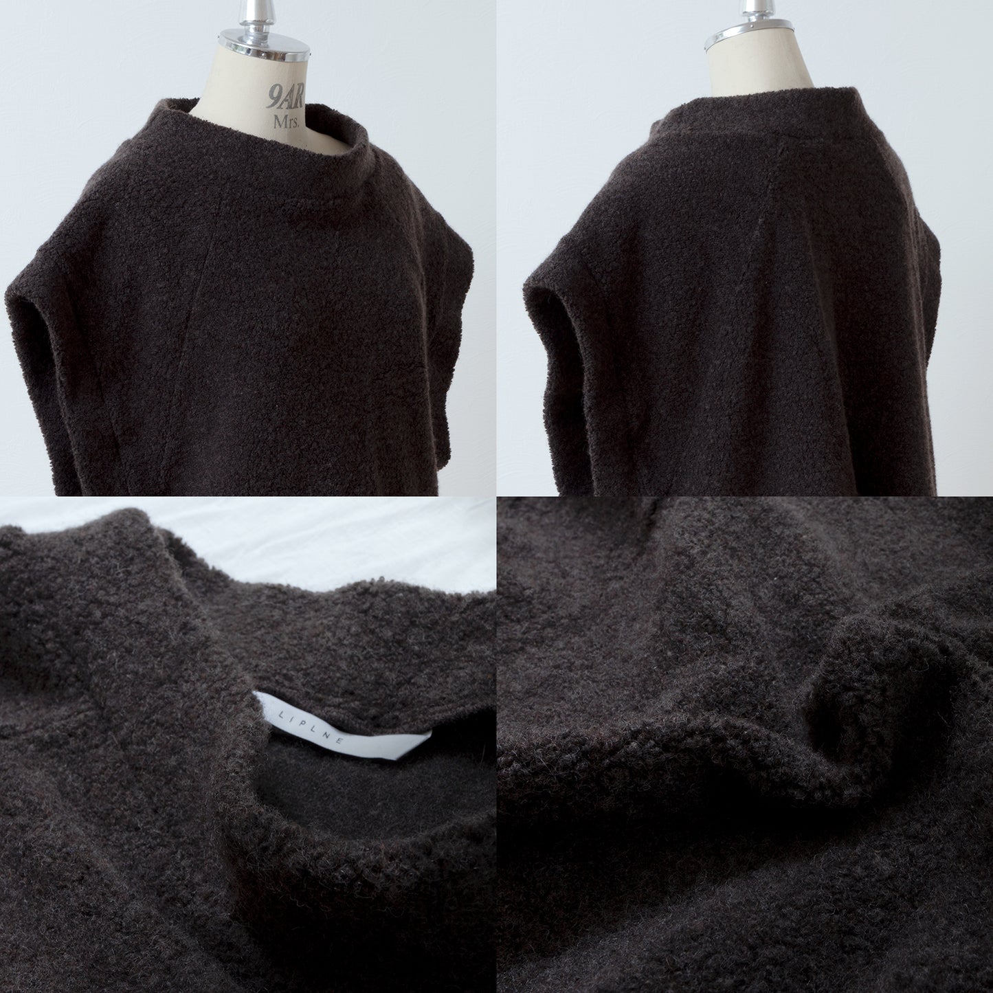 High-quality wool boa French sleeve A-line vest/dark brown
