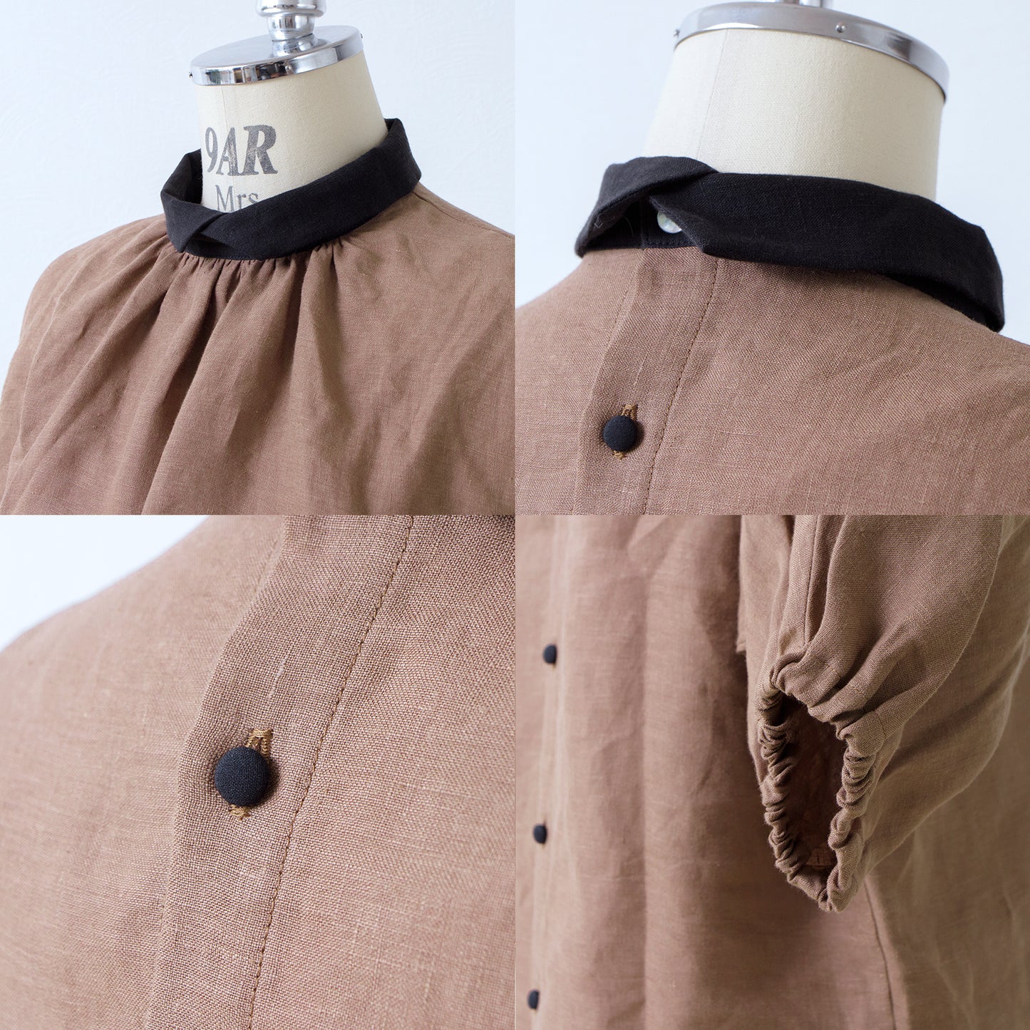 牧師領優雅可愛,適合成人穿著。後背扣,寬袖法式亞麻襯衫,3/4袖/駝色牧師領