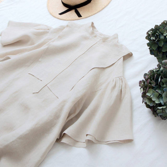 軛層喇叭形半袖亞麻連身裙/米色