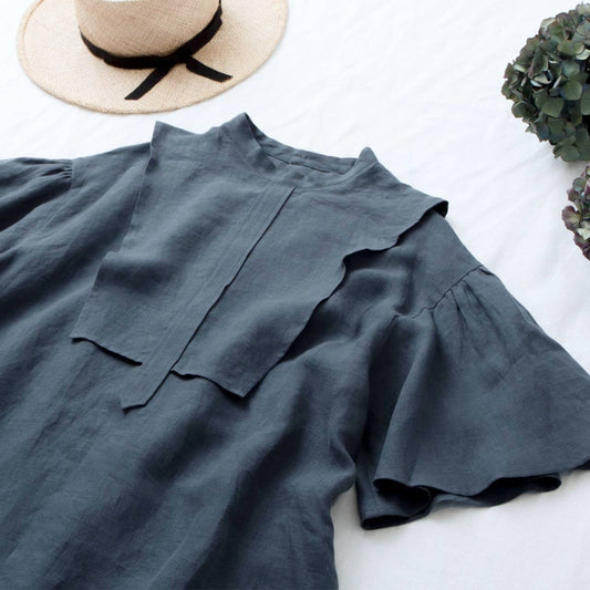 軛層喇叭形半袖亞麻連身裙/灰色