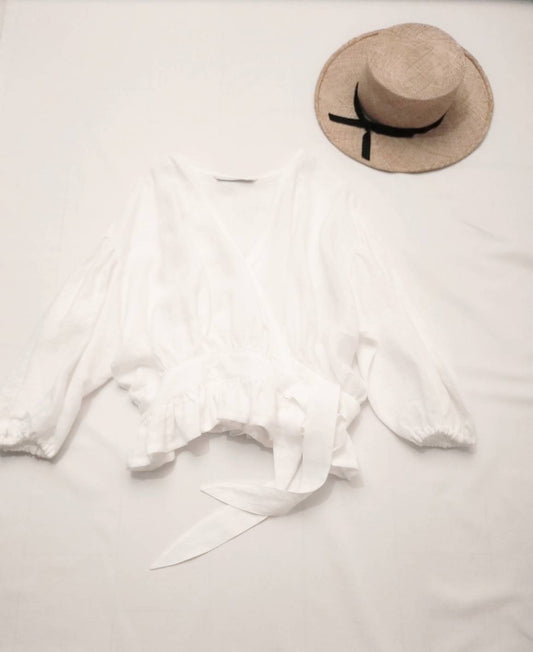 Cache-coeur 荷葉邊亞麻短上衣/米白色