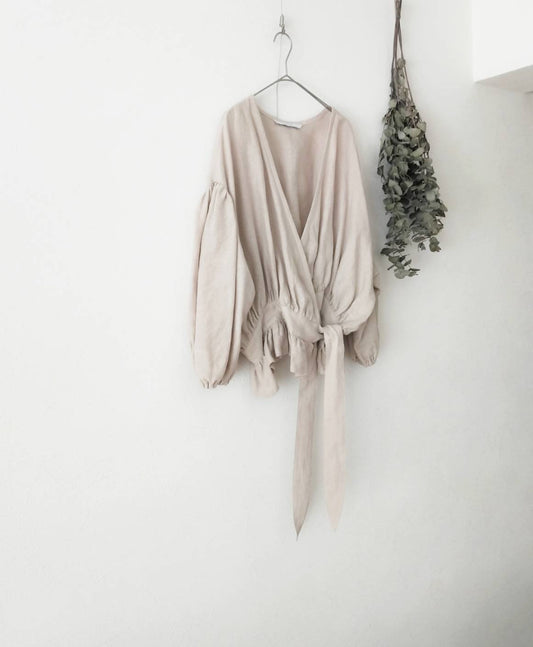 Cache-coeur 褶邊亞麻短上衣/米色