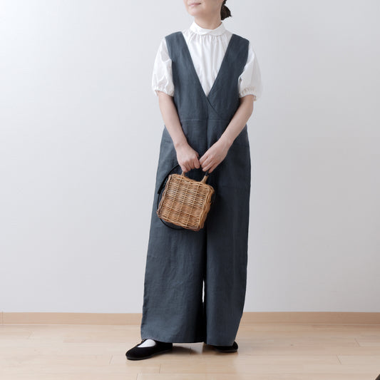 大人のカシュクールサロペットワイドパンツ-リネン/チャコールグレー