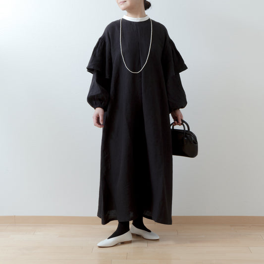 ダブルスリーブAラインリネンワンピース/ブラック