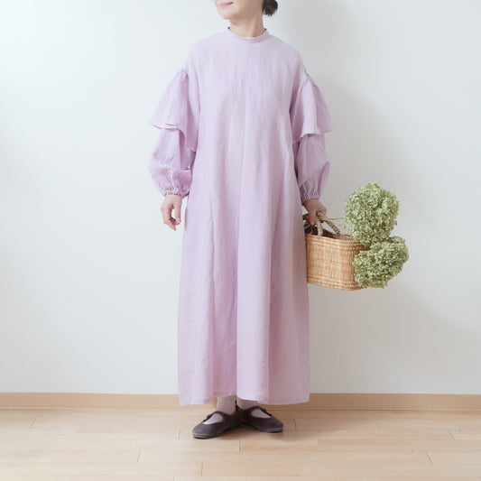 雙袖A字亞麻連身裙/粉紅色