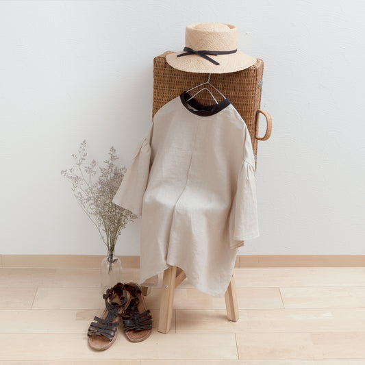 喇叭形半袖亞麻襯衫/米色
