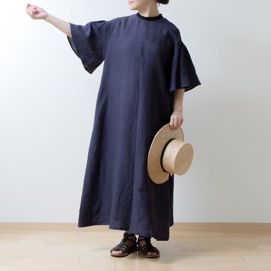 喇叭形半袖A字亞麻洋裝/紫色海軍藍