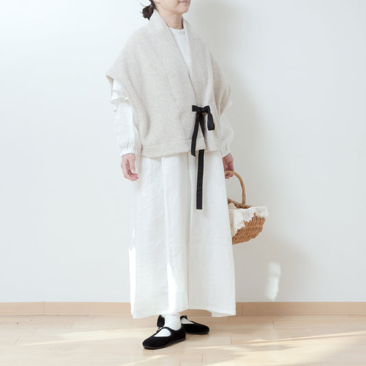 高品質羊毛圍巾披肩背心配緞帶/淺米色