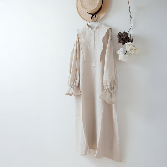 Yoke layer gathered sleeve linen dress/gray