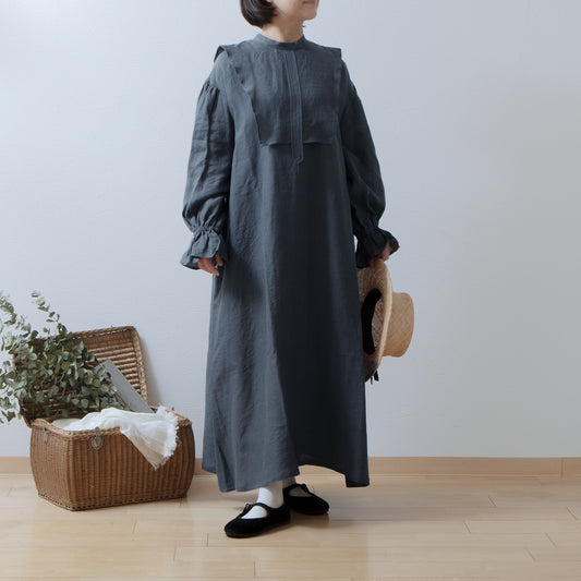 軛層褶袖亞麻洋裝/灰色