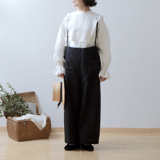 軛層褶袖亞麻襯衫/米白色