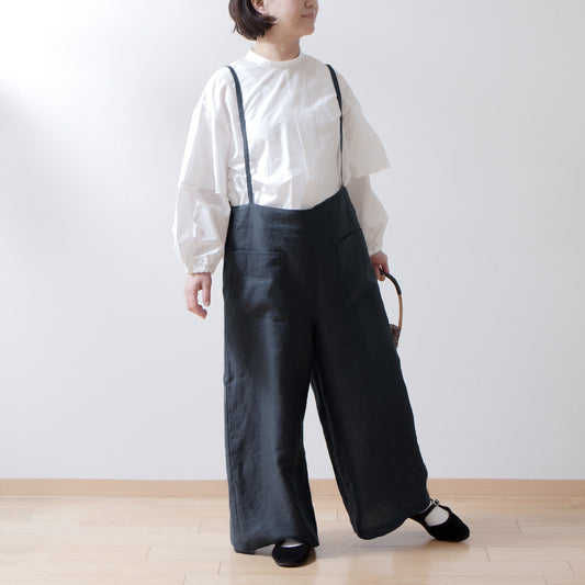 吊帶寬亞麻褲/灰色