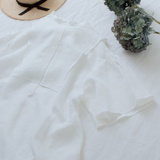 軛層喇叭形半袖亞麻連身裙/米白色