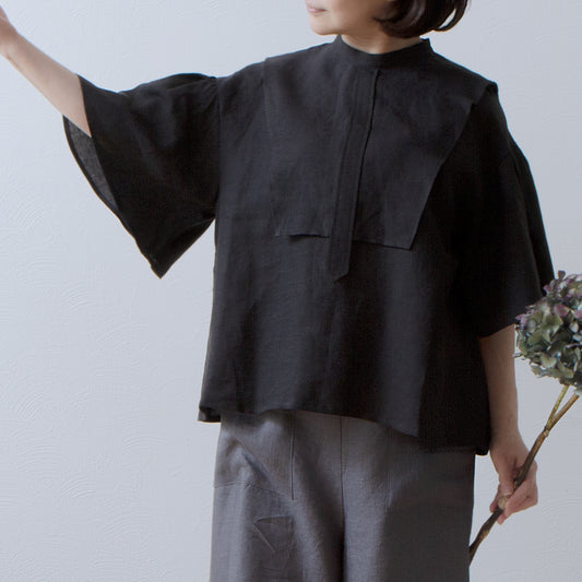 軛層喇叭形半袖亞麻襯衫/黑色