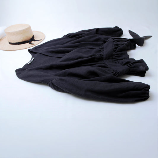 Cache-coeur 荷葉邊亞麻短上衣/黑色